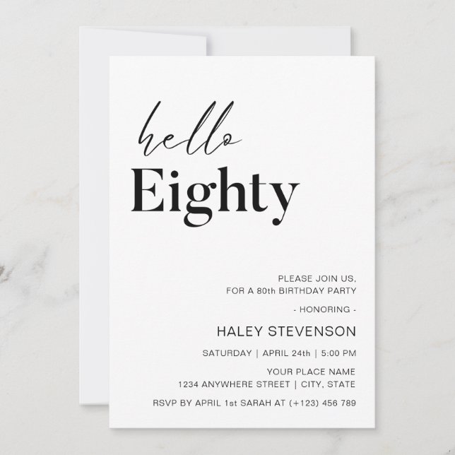 Invitación Hola Ochenta Cumpleaños 80 Modern Chic minimalista (Anverso)