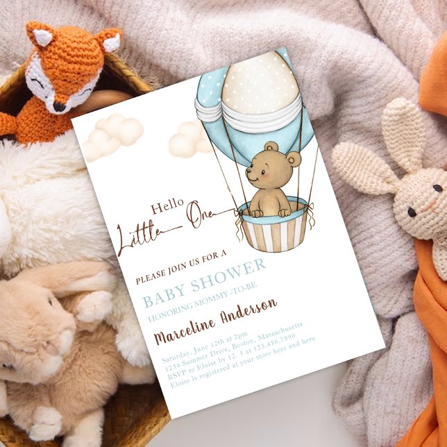 Invitación Hola Pequeña, Teddy Bear Balloon Baby Shower (Hello little one teddy bear in air balloon card)