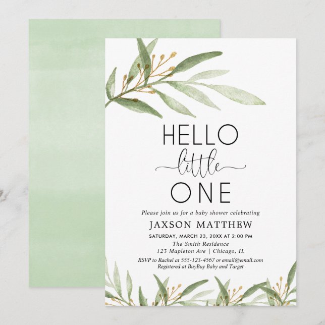 Invitación Hola pequeña, una ducha de bebé neutra de género (Anverso / Reverso)
