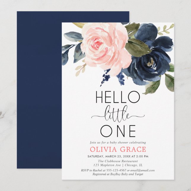 Invitación Hola pequeño chica azul marino rosa ducha bebé (Anverso / Reverso)