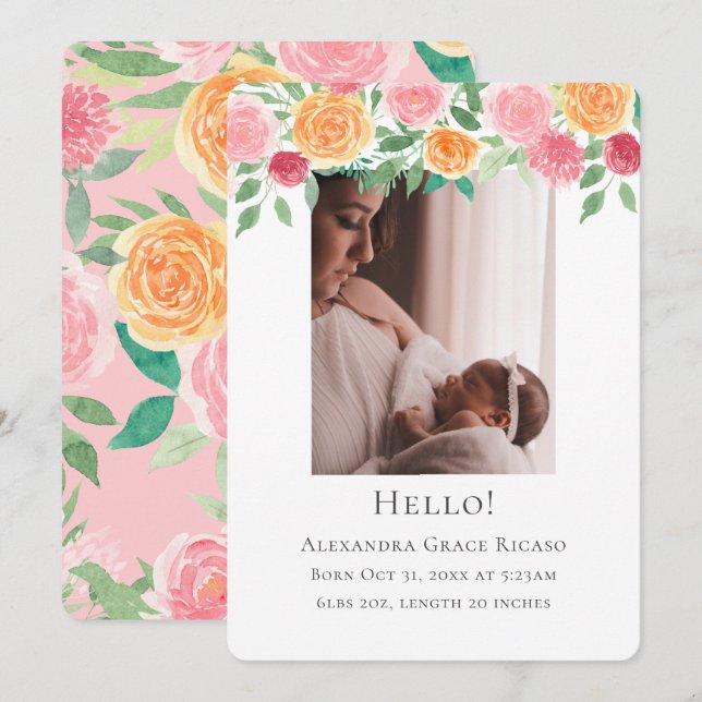 Invitación Hola Recién nacido Foto Flores rosa personalizadas (Anverso / Reverso)