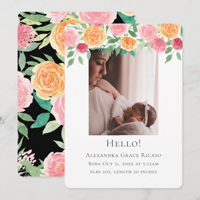 Invitación Hola Recién nacido Foto Flores rosa personalizadas (Anverso / Reverso)