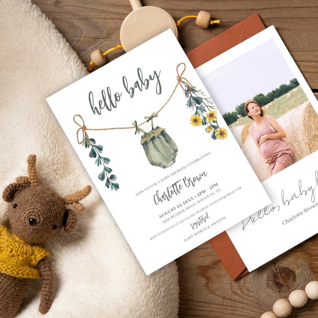 Invitación Hola ropa de bebé y flores Boho Boy Baby Shower (Subido por el creador)