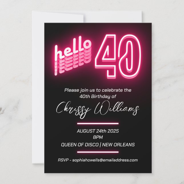 Invitación Hola Rosa 40 neón retro 40 Fiesta de cumpleaños (Anverso)