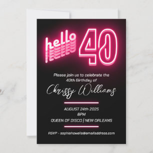 Invitación Hola Rosa 40 neón retro 40 Fiesta de cumpleaños