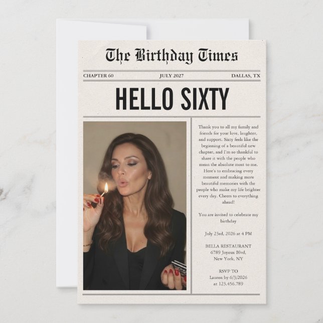 Invitación Hola Sesenta Foto Periódico Cumpleaños 60 (Anverso)