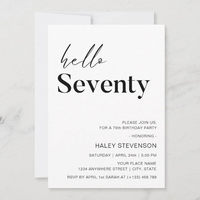 Invitación Hola Setenta Cumpleaños 70 Moderno Chic Minimalist (Anverso)