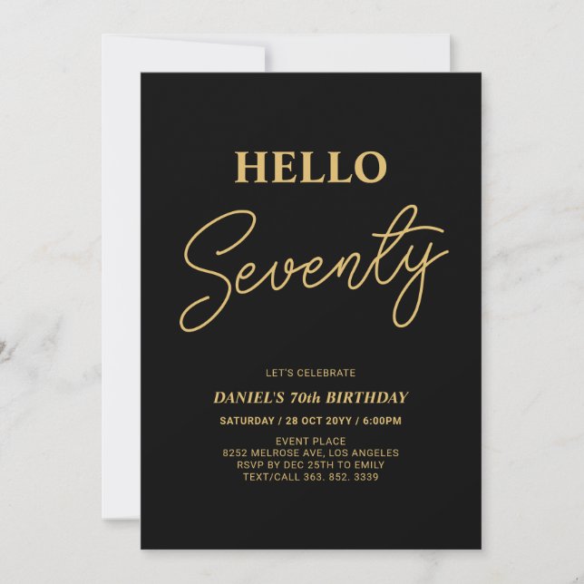 Invitación Hola Setenta | Fiesta de cumpleaños 70 dorada y ne (Anverso)