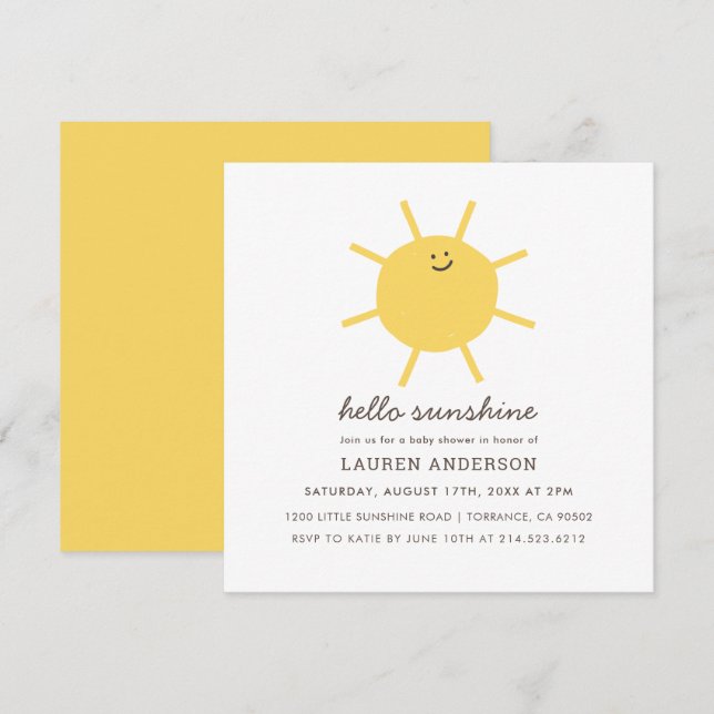 Invitación Hola Sunshine Género Neutral Baby Shower Square I (Anverso / Reverso)