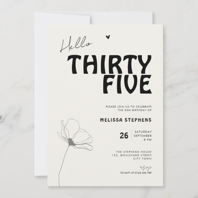Invitación Hola Tipografía Negrita Treinta y Cinco Cumpleaños (Anverso)