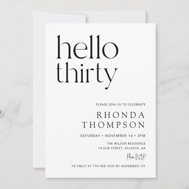 Invitación Hola Treinta Cumpleaños Clásico Simple 30 (Anverso)