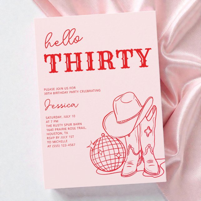 Invitación Hola Treinta Cumpleaños Fiesta Occidental Rosa 30 (Hello Thirty Pink Western 30th Birthday Party Invitation)