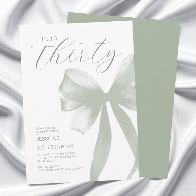 Invitación Hola Treinta Elegantes Vecinos Verdes 30 Fiestas d (Hello Thirty Elegant Green Bow 30th Birthday Invitation)