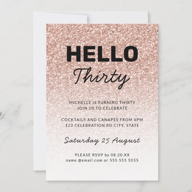 Invitación Hola Treinta Oro Rosa Rosa 30 Cualquier Cumpleaños (Anverso)
