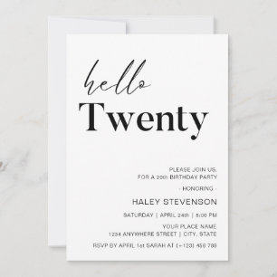 Invitación Hola Veinte Cumpleaños Moderno Minimalista Blanco 