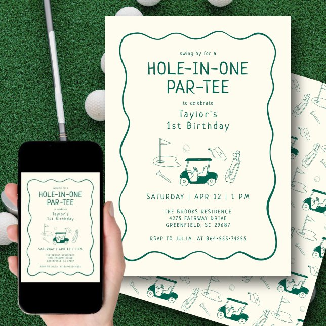 Invitación Hole In One 1st Birthday Par-tee Hand Drawn Green (Hand-drawn golf icons add a playful, artistic touch to this modern first birthday invite.)