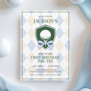 Invitación Hole in One Blue Golf Boys Primer Fiesta de cumple