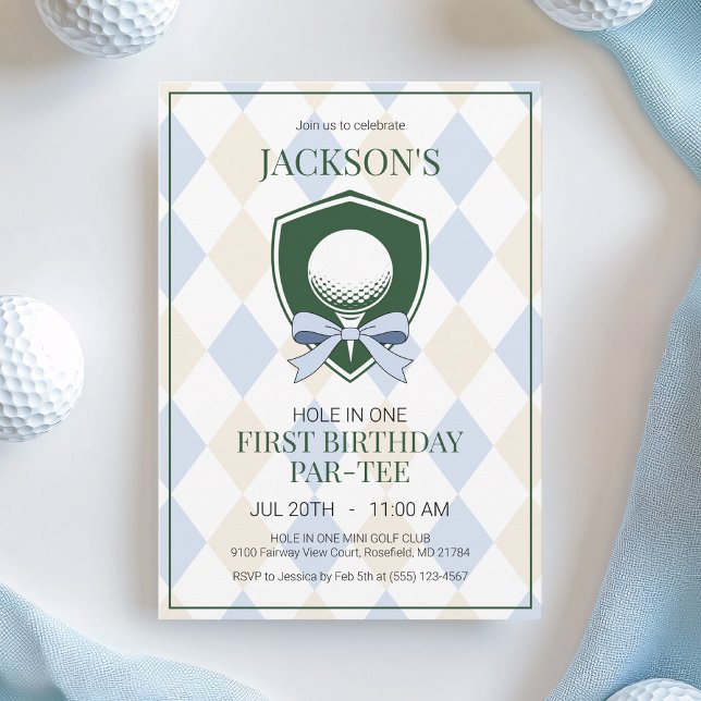 Invitación Hole in One Blue Golf Boys Primer Fiesta de cumple (Hole in One Blue Golf Boy First Birthday Party Invitation)