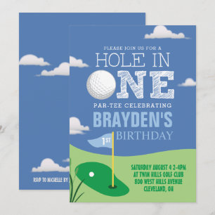 Invitación Hole in One Blue Golf Theme Boys First Birday
