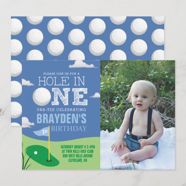 Invitación Hole in One Blue Golf Theme Boys First Birday (Anverso / Reverso)