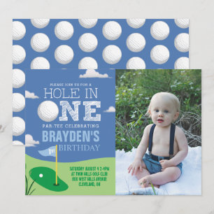 Invitación Hole in One Blue Golf Theme Boys First Birday