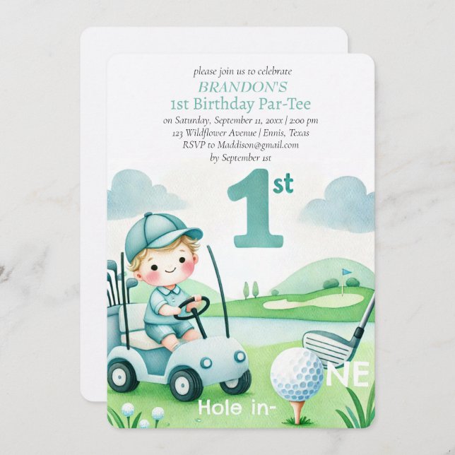 Invitación Hole in One Golf Boy 1er cumpleaños Par-Tee (Anverso / Reverso)