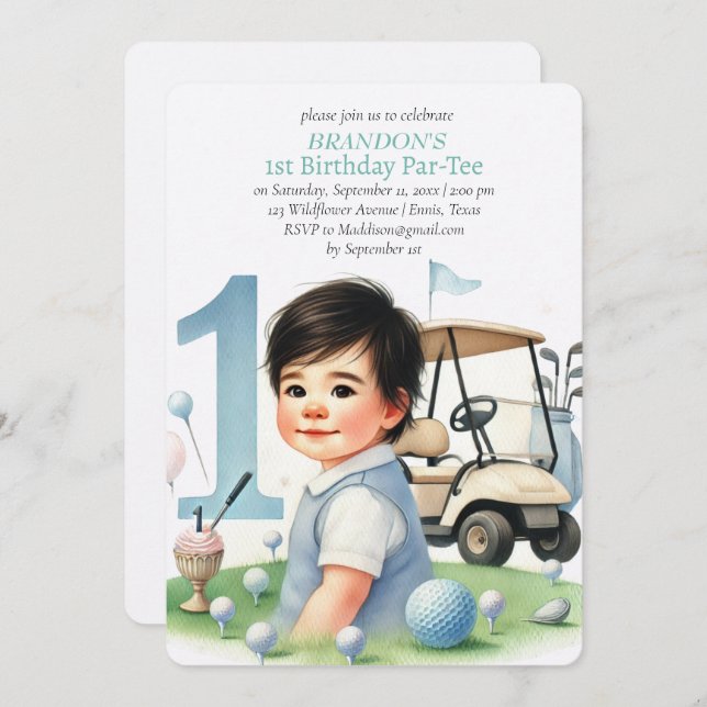 Invitación Hole in One Golf Boy 1er cumpleaños Par-Tee (Anverso / Reverso)