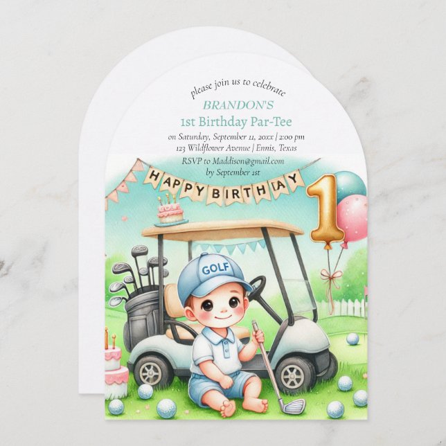 Invitación Hole in One Golf Boy 1er cumpleaños Par-Tee (Anverso / Reverso)