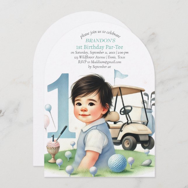 Invitación Hole in One Golf Boy 1er cumpleaños Par-Tee (Anverso / Reverso)