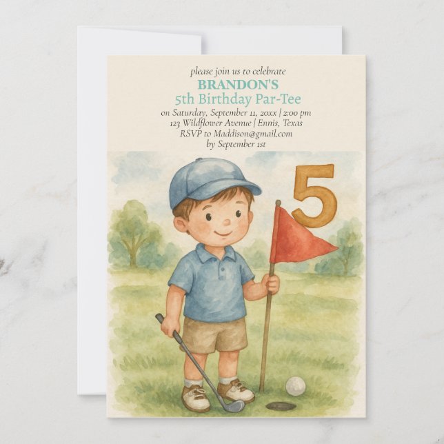 Invitación Hole in One Golf Boy 5th Birthday Par-Tee (Anverso)