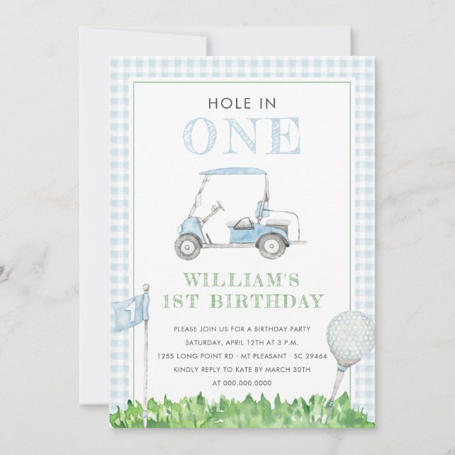 Invitación Hole In One Golf Boy Birthday Blue Gingham (Anverso)