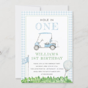 Invitación Hole In One Golf Boy Birthday Blue Gingham