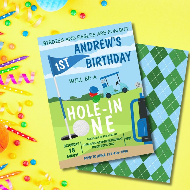Invitación Hole In One Golf Boy Primer Cumpleaños Par-Tee (Cute golf theme invite for baby girl's 1st birthday – perfect for a hole in one party!)