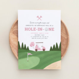 Invitación Hole in One Pink Golf 1er cumpleaños