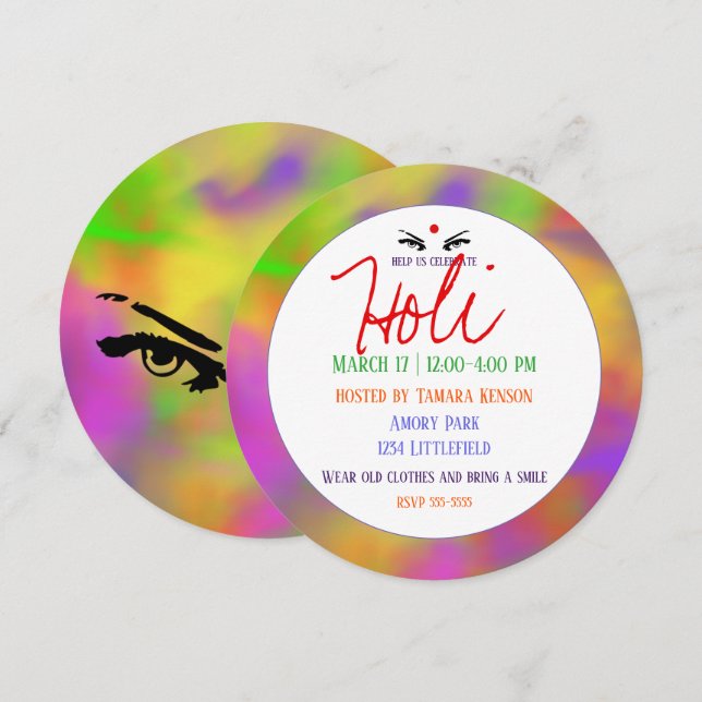 Invitación Holi Polvo y Ojos (Anverso / Reverso)