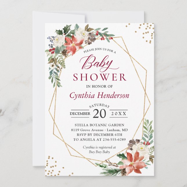 Invitación Holiday Baby Shower Xmas Poinsettia Floral Gold (Anverso)