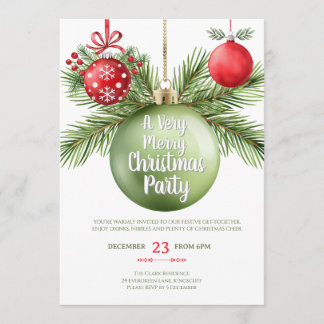 Invitación Holiday baubles Red & Green Christmas Party