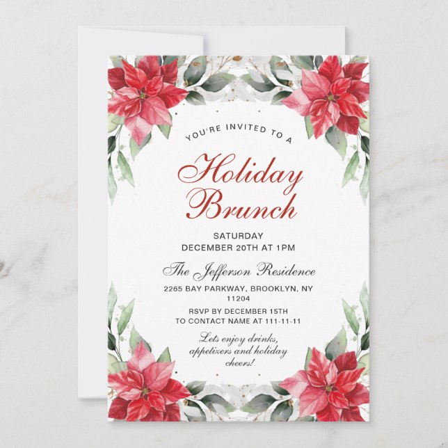 Invitación Holiday Brunch de Navidades de Red Poinsettia Holl (Anverso)