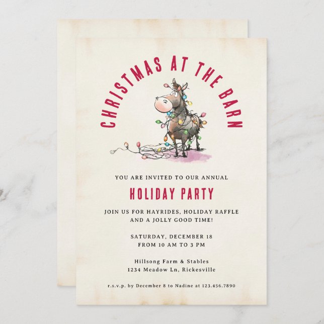 Invitación Holiday Christmas Barn Ranch Funny Pony Horse (Anverso / Reverso)