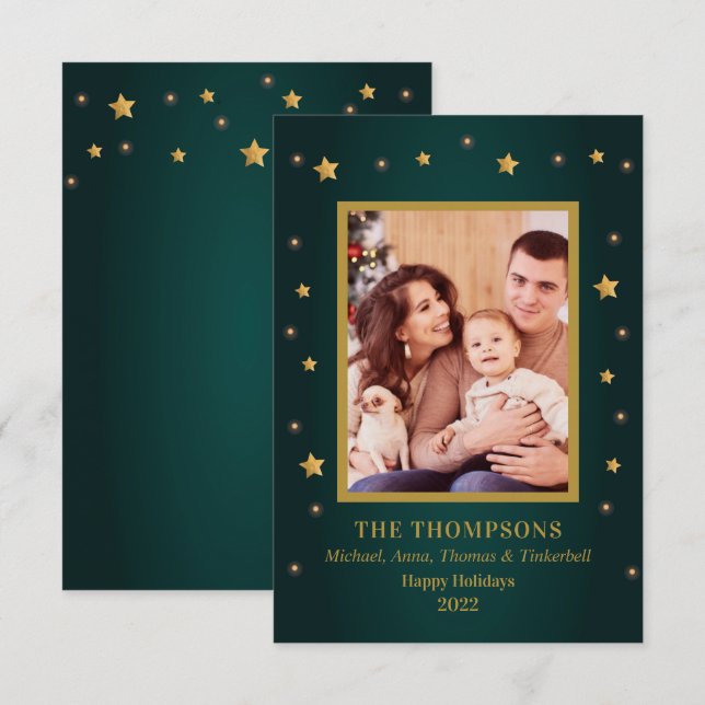 Invitación Holiday Christmas Gold Stars Family Photo card (Anverso / Reverso)