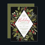 Invitación Holiday Cocktail Fiesta Watercolor Vintage Holly<br><div class="desc">Hojas huecas de acuarela pintadas a mano y bayas rojas brillantes sobre fondo negro. Invitación de los navidades a la fiesta de cócteles con fácil edición de las letras escritas a mano. Se puede editar todo el texto; la elección de la fuente, el color y la disposición se pueden modificar...</div>