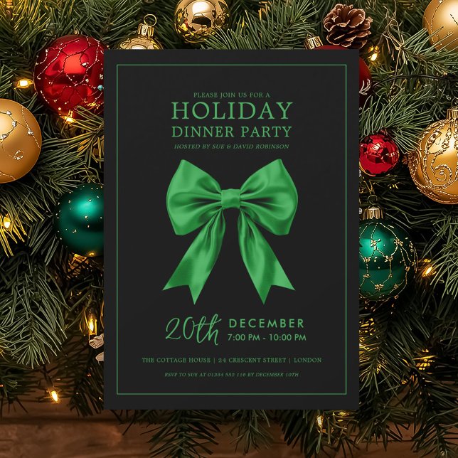 Invitación Holiday Dinner Party Green Satin Bow Black  (Holiday Dinner Party Green Satin Bow Black Invitation)