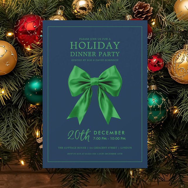Invitación Holiday Dinner Party Green Satin Bow Navy  (Holiday Dinner Party Green Satin Bow Navy Invitation)