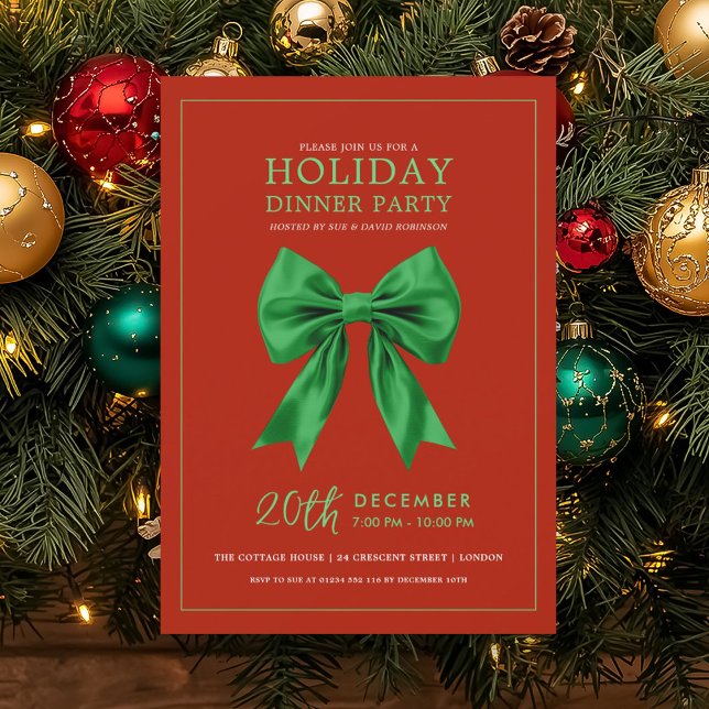 Invitación Holiday Dinner Party Green Satin Bow Red (Holiday Dinner Party Green Satin Bow Red Invitation)