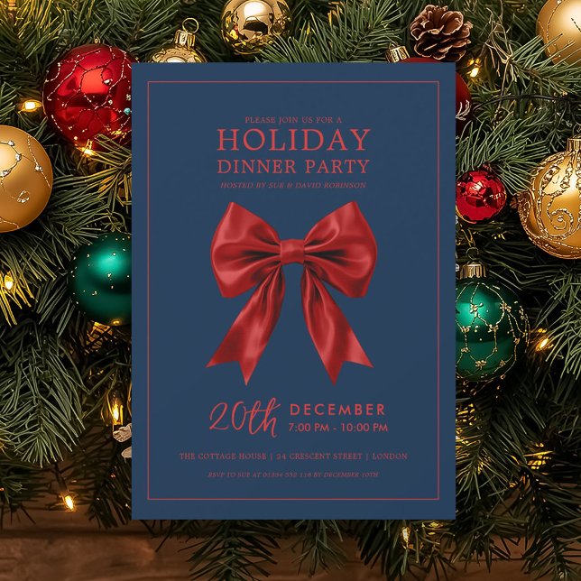 Invitación Holiday Dinner Party Red Satin Bow Navy  (Holiday Dinner Party Red Satin Bow Navy Invitation)