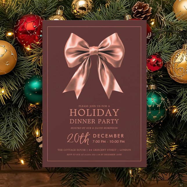Invitación Holiday Dinner Party Rose Gold Satin Bow Burgundy  (Holiday Dinner Party Rose Gold Satin Bow Burgundy Invitation)