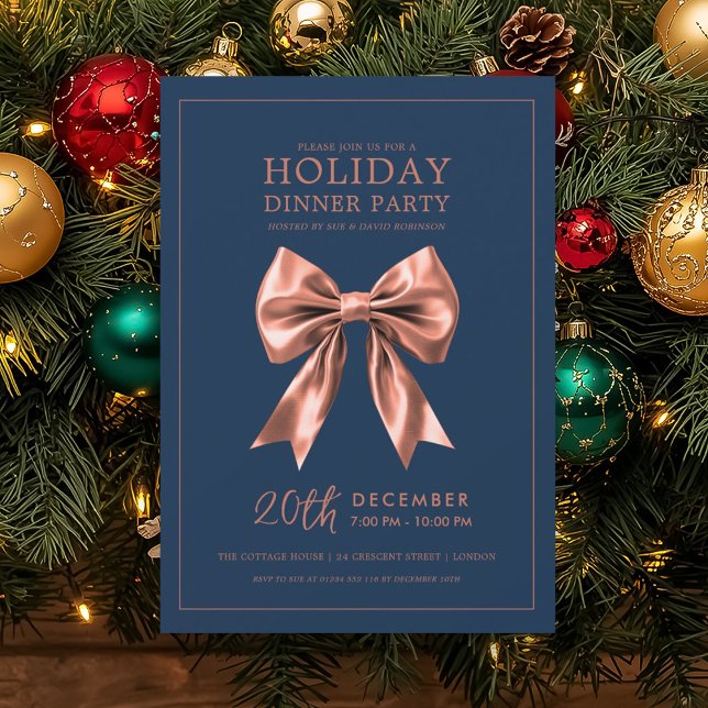 Invitación Holiday Dinner Party Rose Gold Satin Bow Navy Blue (Holiday Dinner Party Rose Gold Satin Bow Navy Blue Invitation)