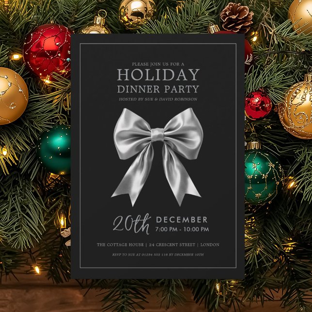Invitación Holiday Dinner Party Silver Satin Bow Black (Holiday Dinner Party Silver Satin Bow Black Invitation)
