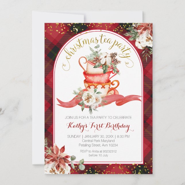 Invitación Holiday Floral Red Plaid Winter Birthday Tea (Anverso)