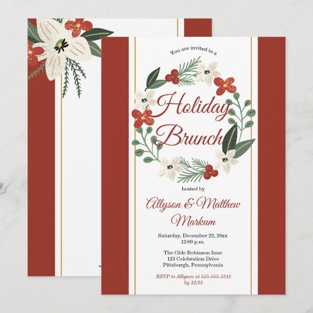 Invitación Holiday Floral Wreath Navidades Holiday Brunch (Anverso / Reverso)